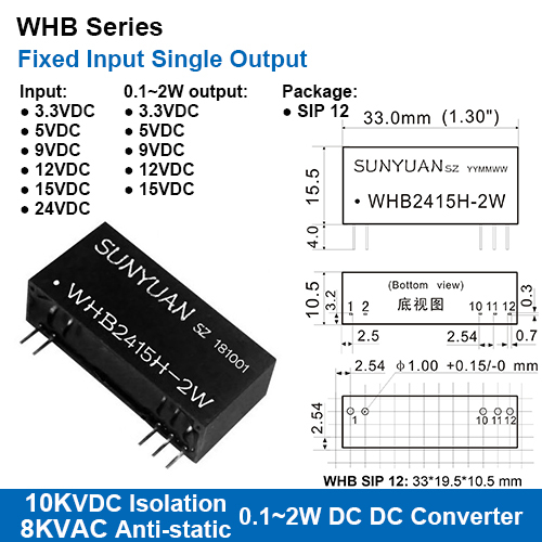 Whb Series 10Kvdc High Isolation Fixed Input Single Regulated Output Dc Dc Converters With  8Kv Anti-Static Protection Efficiency: 60%~80%
