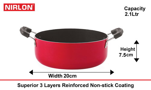 Nirlon Deep Casserole - Aluminium Alloy, 2.1 Litre, Red | CD Bottom, 3mm Thickness, Bakelite Handle, 5 Layer Nonstick Coating, 1 Year Warranty