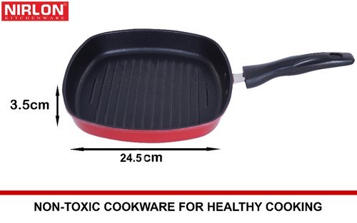 1.3L Nirlon Non Stick Grill Pan - Aluminum Alloy, 24.5cm x 2.6mm, Black and Red | 5 Layer Nonstick Coating, Even Heat Distribution, Drip-Free Design