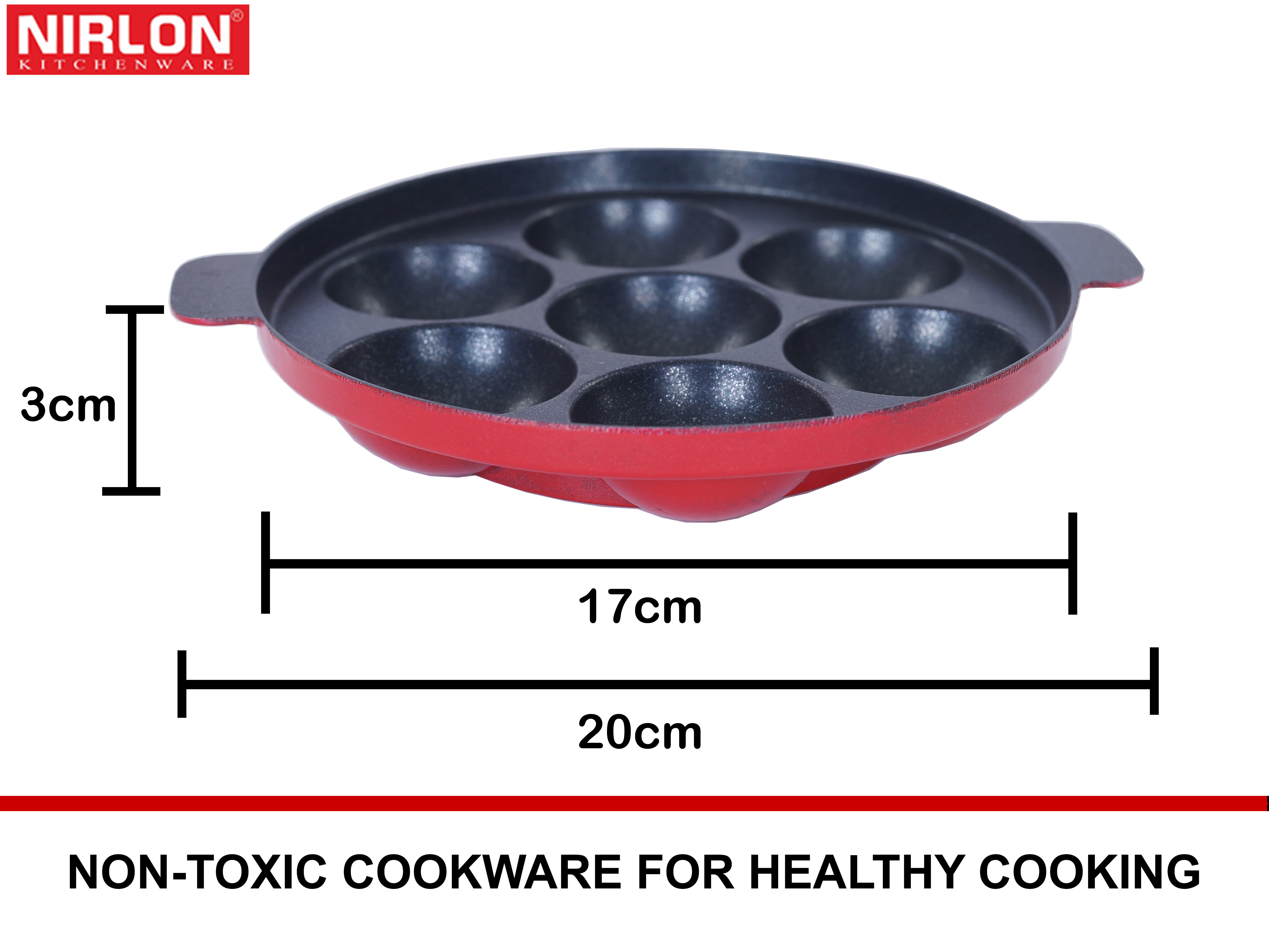7 Cavity Nirlon Nonstick Mini Patra - Aluminium, 20 Cm, Red & Black | 5 Layer Nonstick Spray Coated, Ergonomic Handle, Compatible With Gas Stove