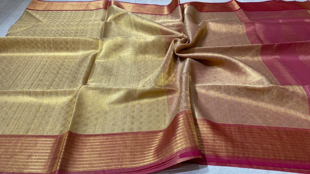Party Wear Pure Tissue Tussar Silk Self Weaving Saree