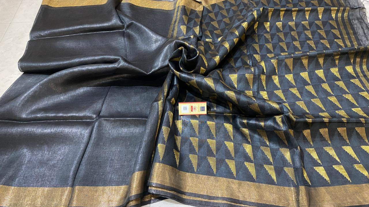 Party Wear Pure Tissue Tussar Silk Self Weaving Saree