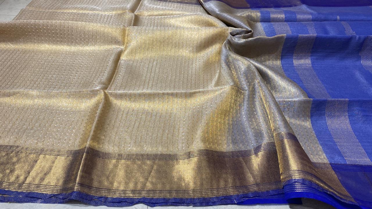 Party Wear Pure Tissue Tussar Silk Self Weaving Saree