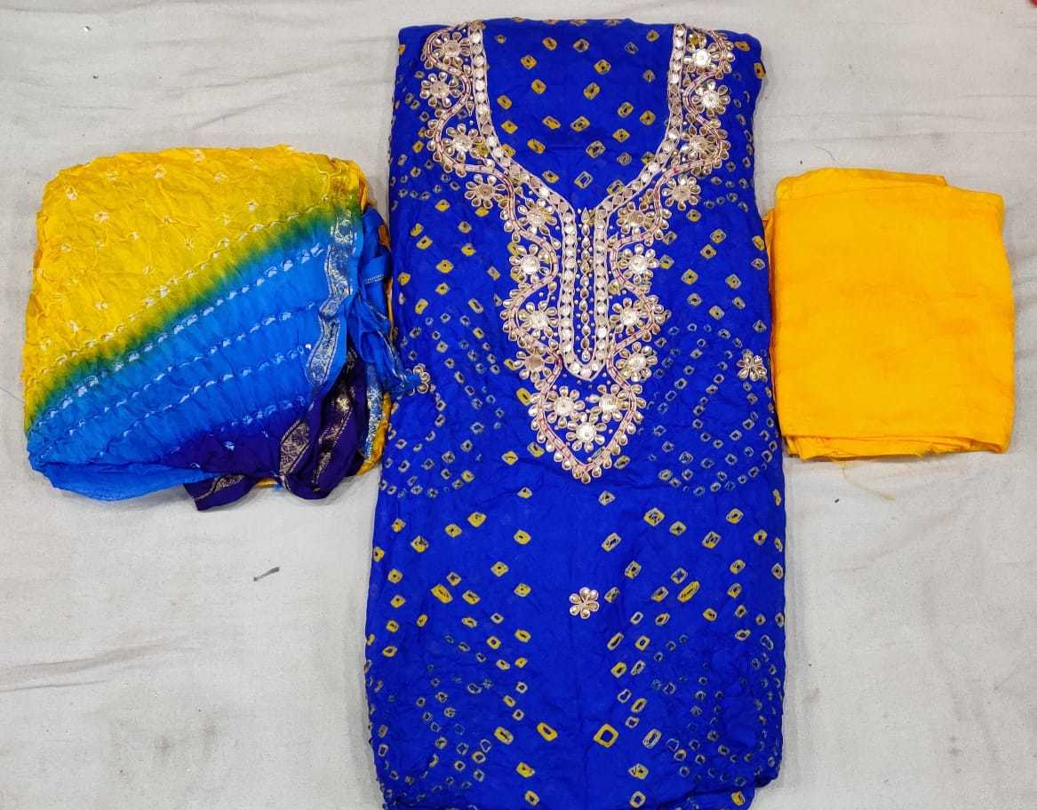 Gottapati Bandhej Art Silk - 2.5 Metres Top, 2.5 Metres Dupatta, 2.5 Metres Lower | Blue, Easy Wash, Ideal For Summers