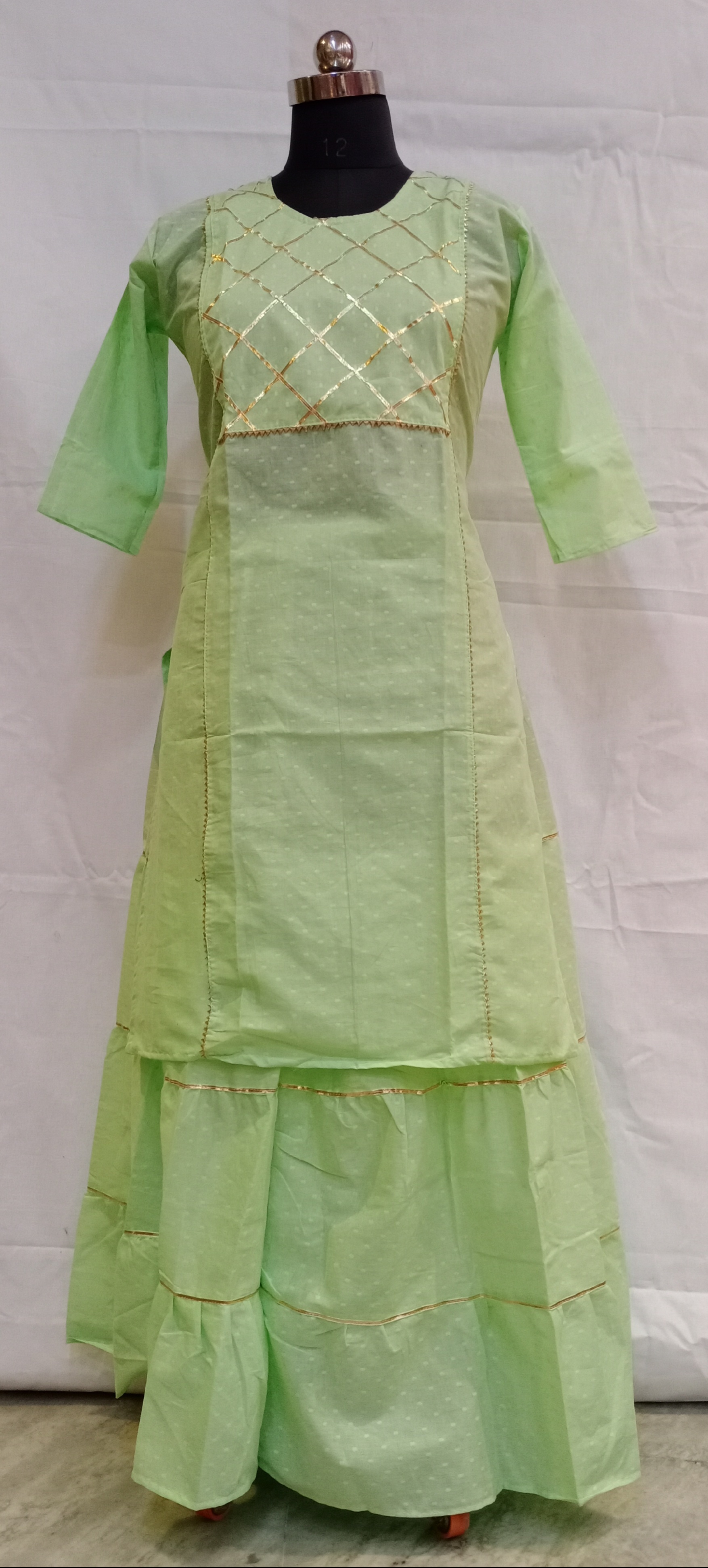 Kurti With Skirt - 100% Cotton, 40 Inch Length, Green, Bust Size 42 Inch, 3-4th Sleeve Style, Quick Dry, Ethnic Daily & Party Wear