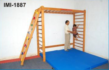 Imi-1887 Activity Fun Gym - Wooden Play Station For Children With Special Needs | Indoor Activity Station, Natural Color, Includes Ladders, Monkey Bars, Ramp & Roll System, Safety Mattresses