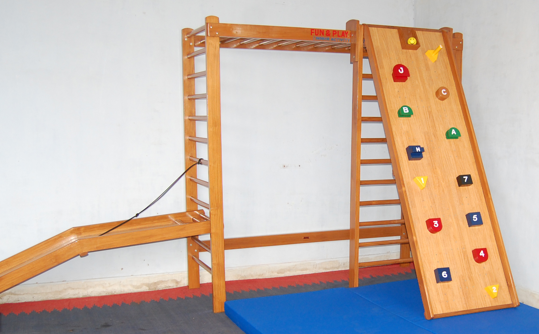 Imi-1887 Activity Fun Gym - Wooden Play Station For Children With Special Needs | Indoor Activity Station, Natural Color, Includes Ladders, Monkey Bars, Ramp & Roll System, Safety Mattresses