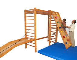 Imi-1887 Activity Fun Gym - Wooden Play Station For Children With Special Needs | Indoor Activity Station, Natural Color, Includes Ladders, Monkey Bars, Ramp & Roll System, Safety Mattresses
