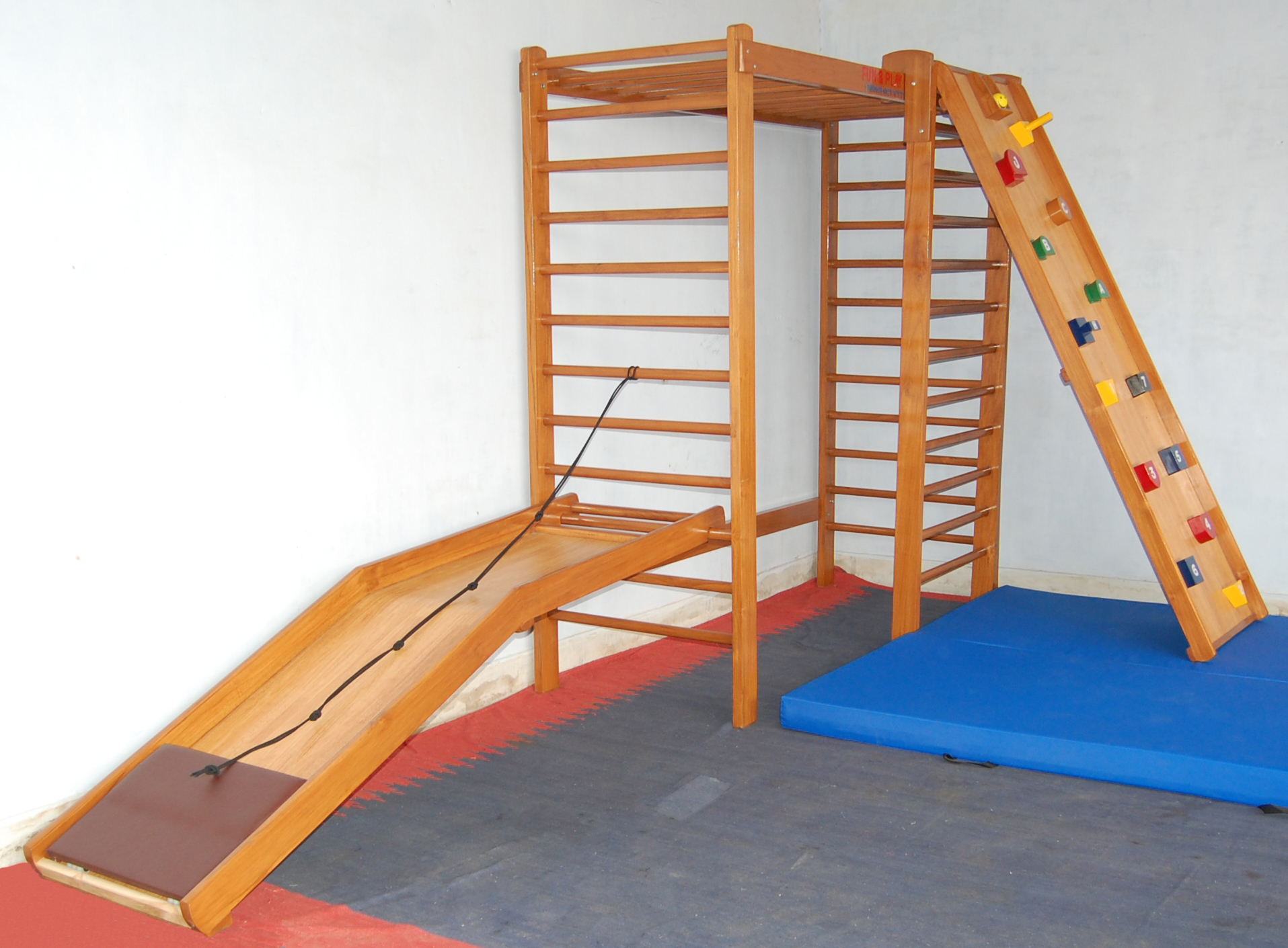 Imi-1887 Activity Fun Gym - Wooden Play Station For Children With Special Needs | Indoor Activity Station, Natural Color, Includes Ladders, Monkey Bars, Ramp & Roll System, Safety Mattresses