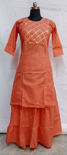 Cotton Kurti Skirt Set - Length 40 Inch , Bust Size 42 Inch, Orange Color, Ethnic Style with Laces, Quick Dry Material, Ladies Sizes M to XXL