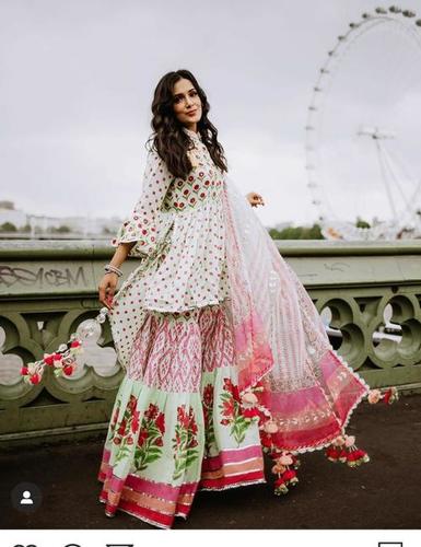 Pink Block Print Kurta With Sharara And Duppta