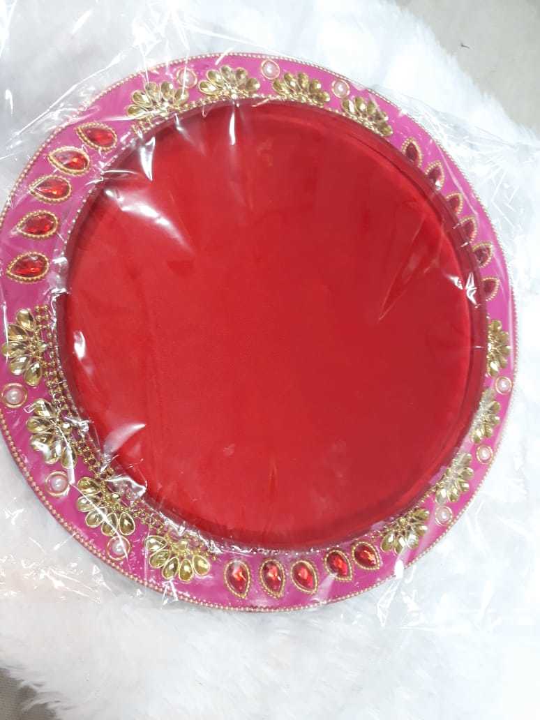 Antique Work Tray - Metal, 12 Inches Round, Red | Polished Finish, Decorative Design, 1.5 Lbs
