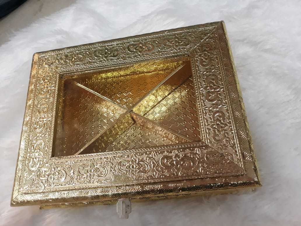 Antique Wooden Dry Fruit Box - 10x7x3 Inches | Durable Wood, Gold Finish, 4 Compartments, Hinge Closure, Glass Top