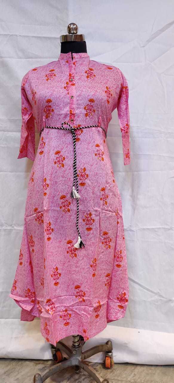 Long Rayon Kurti - Size All Length 52 Inch Color Pink 3-4th Sleeve Style Hand Work With Laces | Quick Dry Feature Ideal For Summer Wear Daily & Party Use