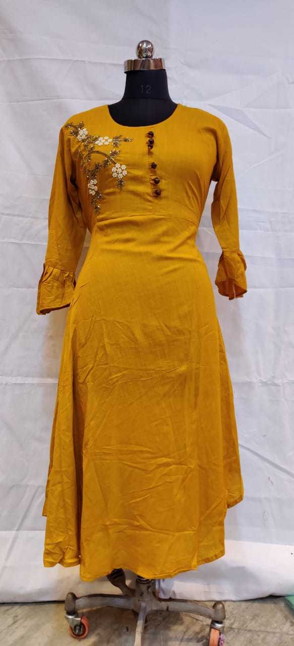 Yellow Rayon Frock Style Handwork Kurti - Decoration Material: Laces