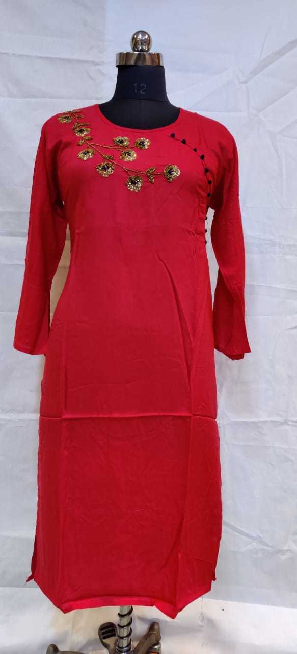 Rayon Handwork Kurti - 52 Inch Length Red Color All Sizes Available 3-4th Sleeve Style With Lace Decoration For Daily And Party Wear