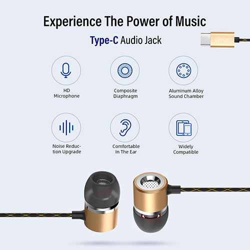 Ptron Flux In-ear Stereo Sound Earphones For Type-c Smartphones (Gold) - Metal & Abs Body, 1m Tangle-free Cable | Ergonomic Design, Inline Mic & Noise Cancellation