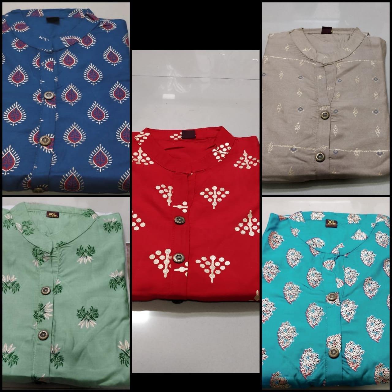 Printed Long Kurti - Rayon 14 Kg Foil Print, Sizes L(40), Xl(42), Xxl(44), Multi Color | Anti-wrinkle, Breathable, Water Proof, Trendy Style