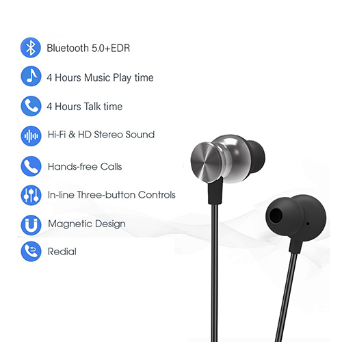 Ptron Intunes Pro - Metal & Abs Body, Wireless Stereo Sound, Gray & Black | Bluetooth 5.0, Magnetic Earbuds, Hands-free Mic, 3-4 Hours Battery Life
