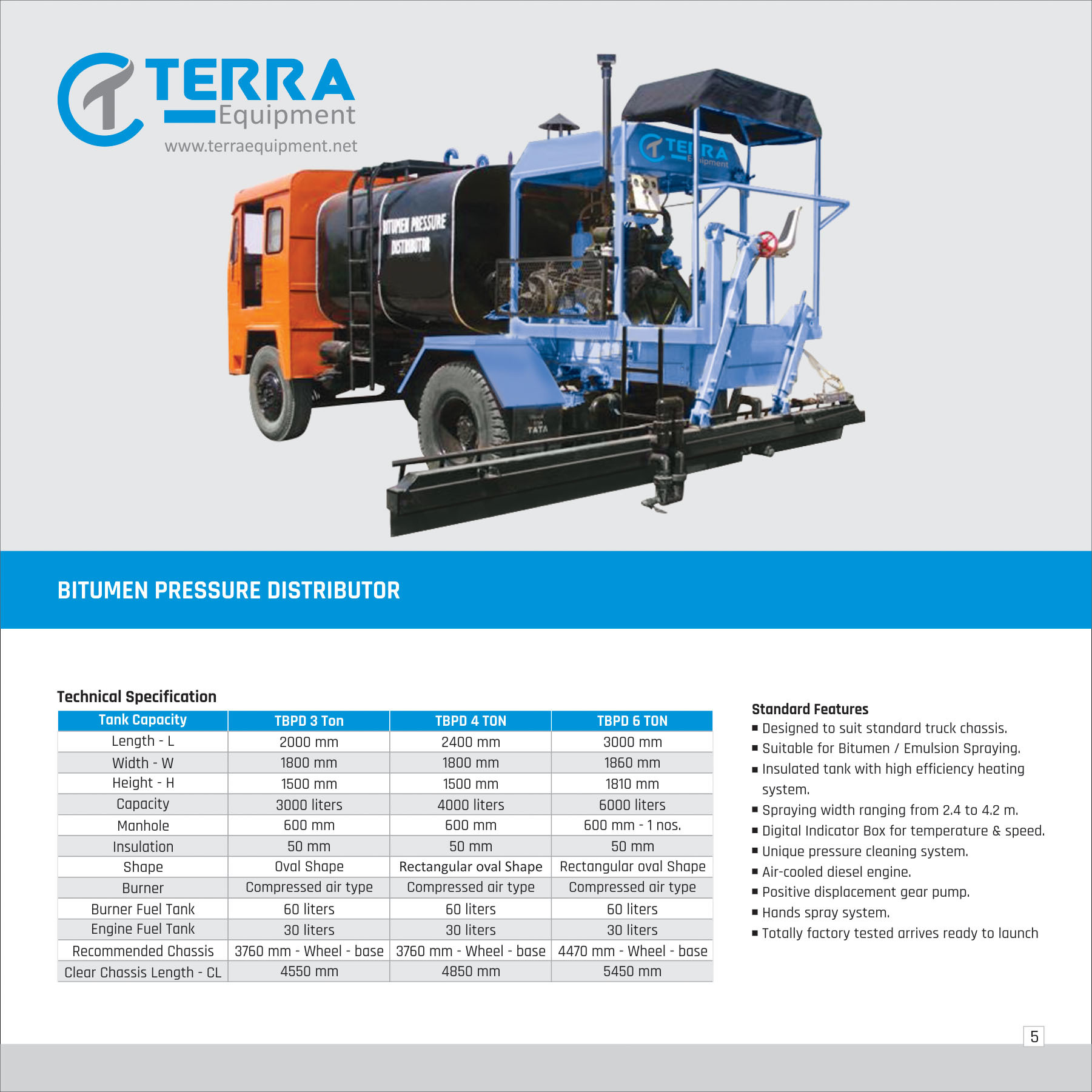 Bitumen Pressure Distributor - 3 To 6 Ton Capacity, 2400 To 3000 Mm Length, Ms Material, 1 Year Warranty, Compressed Air Burner