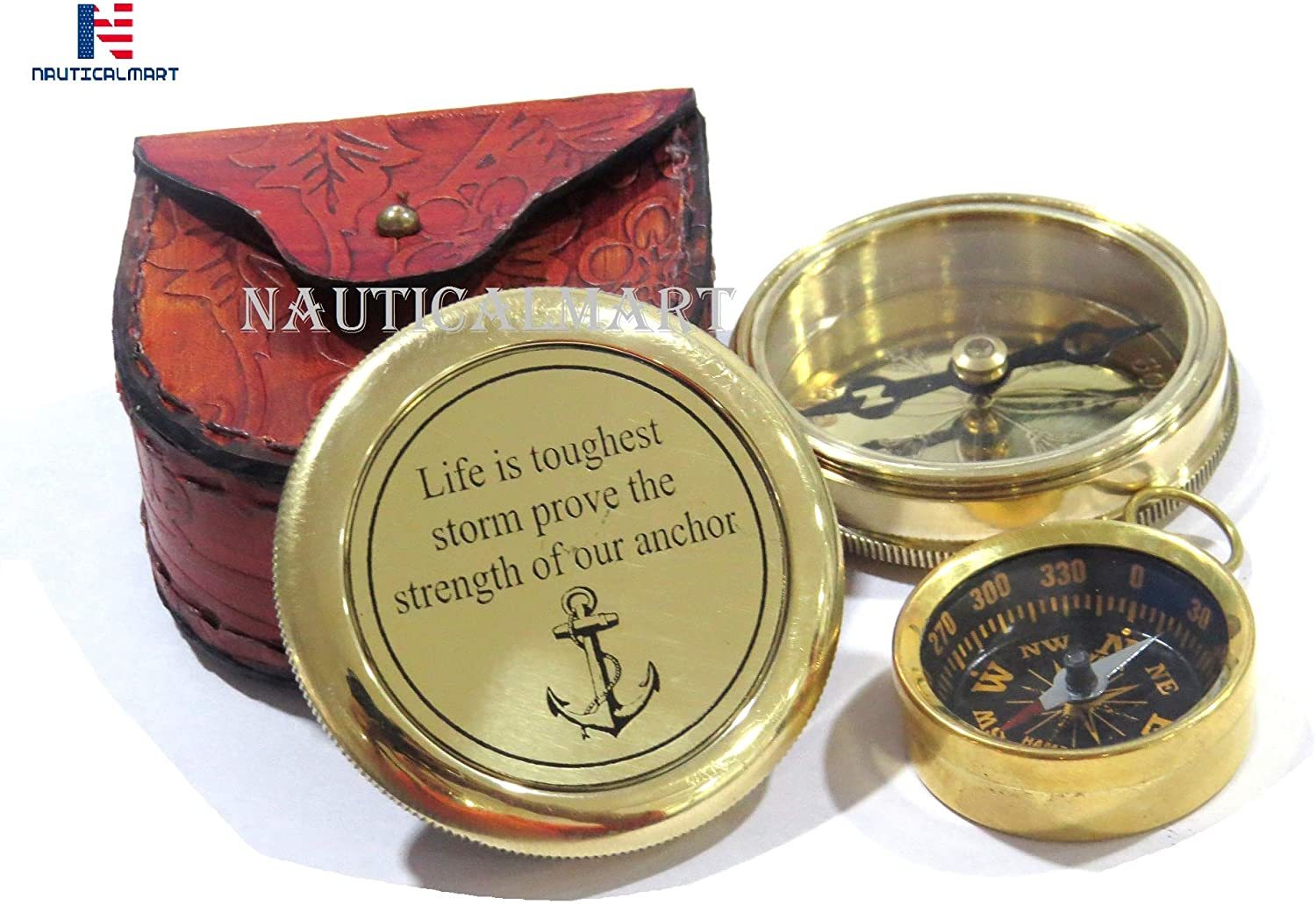 Nautical Nauticalmart Brass Compass Life Is A Toughest Storms Prove The Strength Of Your Anchor Engraved With Mini Compass Combo Gift