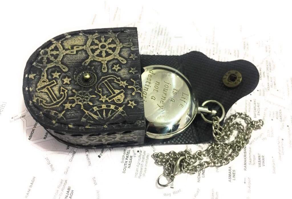 Chrome Brass Compass Nautical Push Button With Chain And Leather Case