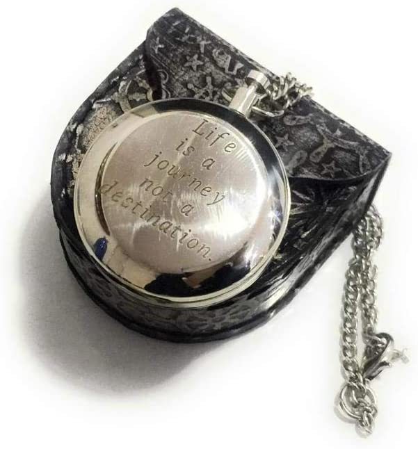 Chrome Brass Compass Nautical Push Button With Chain And Leather Case
