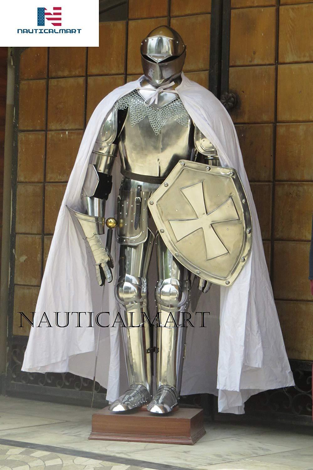 Steel Knight Full Suit Of Armor Larp Halloween Costume Cloak, Shield, Sword, Chainmail
