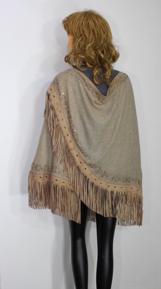 Machine Made Pashmina Leather Suede Tussle With Crystal Border D Design Stole, Size-70x200cm