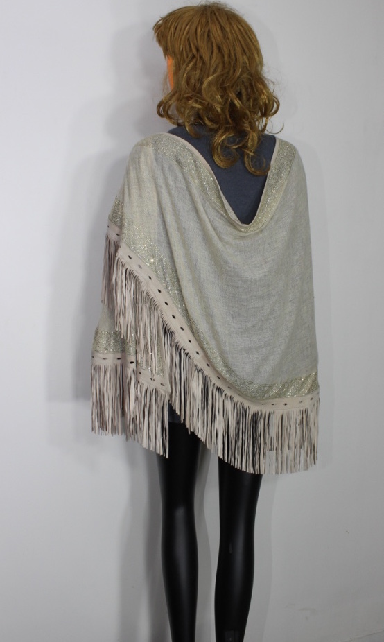 Machine Made Pashmina Leather Suede Tussle With Crystal Border D Design Stole, Size-70x200cm
