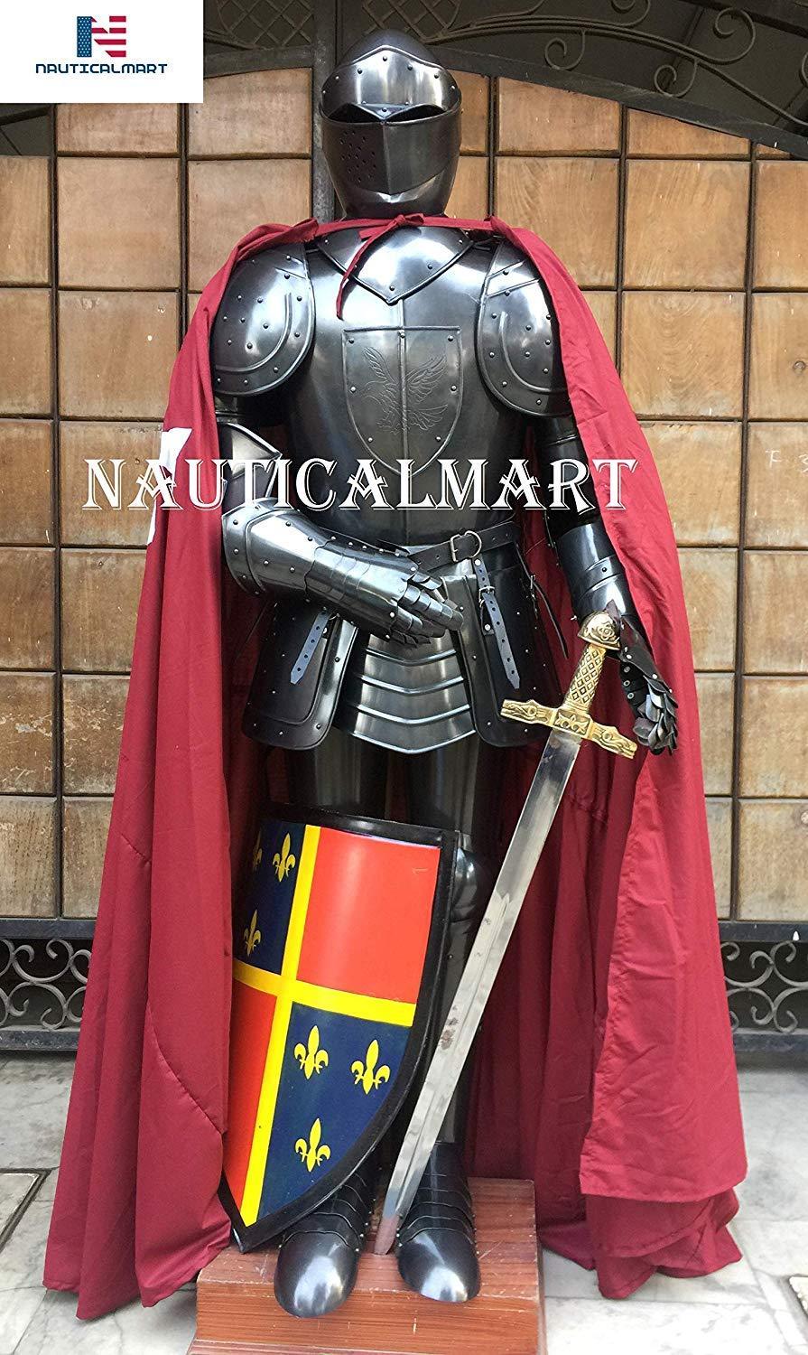 Steel Nauticalmart Black Knight Medieval Suit Of Armor With Shield, Sword, Cloak