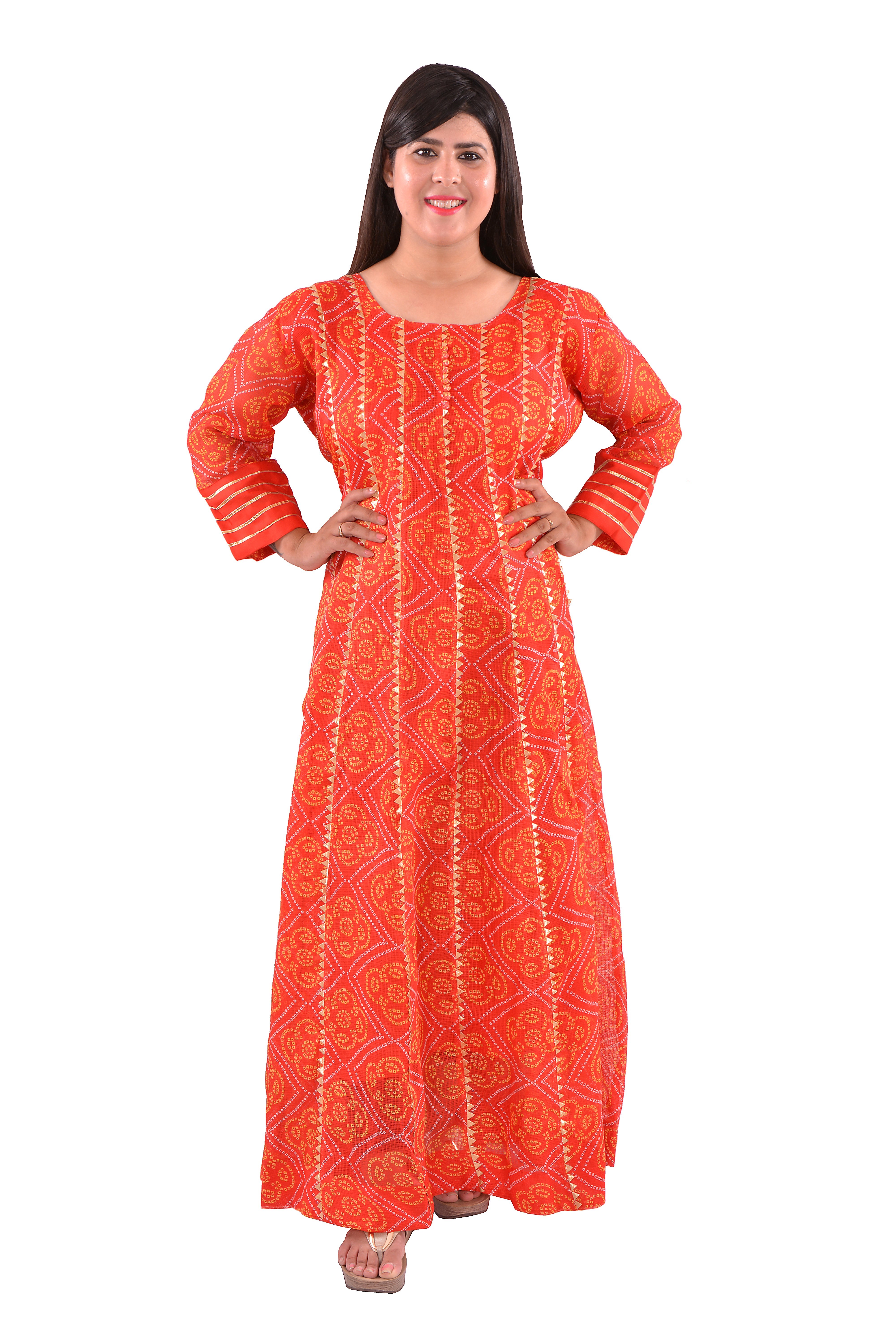 Ethnic Wear Gown - Cotton Kota Doriya, Length 52 Inch, Color Orange, Size M To Xxl, Long Sleeve, Printed, Decorated With Gotta Laces