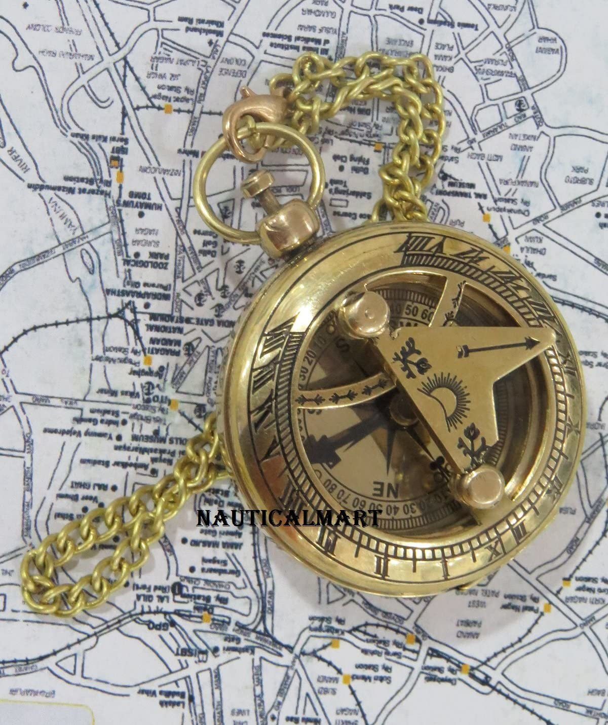 Nautical Nauticamart Brass Push Button Direction Pocket Sundial Compass
