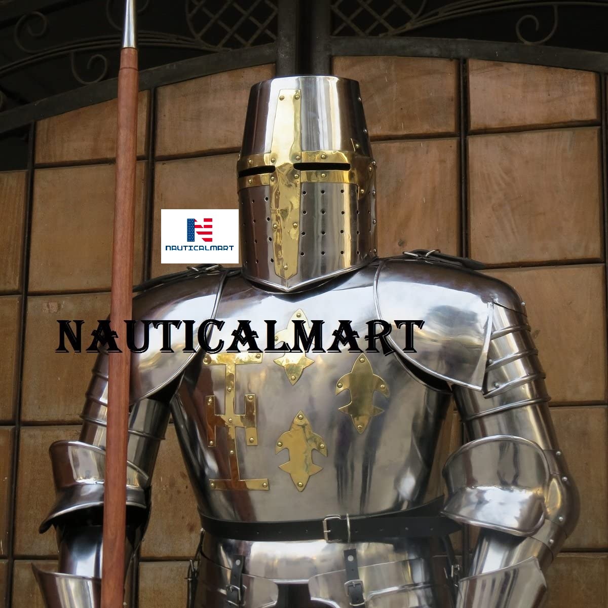 Steel Nauticalmart Crusader Knight Full Suit Of Armour Templar Shield Display Stand Wooden Armour Medieval Costume