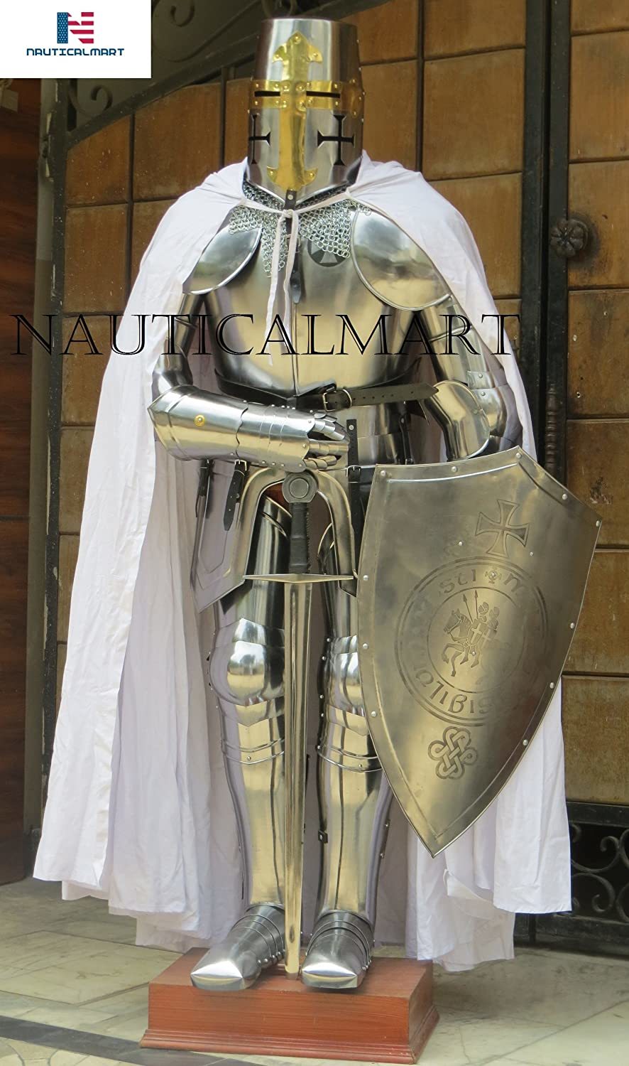 Steel Nauticalmart Knight Templar Suit Of Armor Crusader Renaissance Armour Custom Halloween Cape, Shield, Chainmail