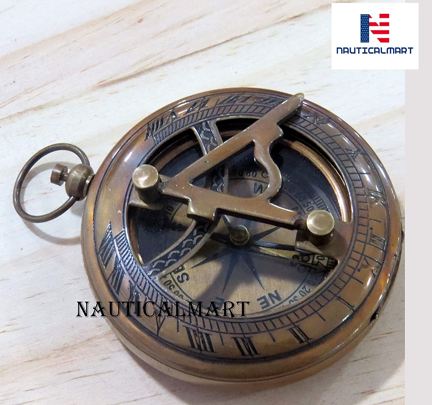 Nautical Nauticalmart Brass Sundial Compass With Leather Case And Chain Push Button