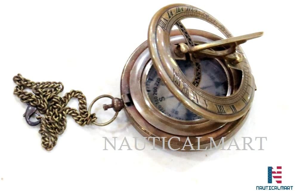 Nauticalmart 3 Push Button Sundial Nautical Brass Compass With Chain