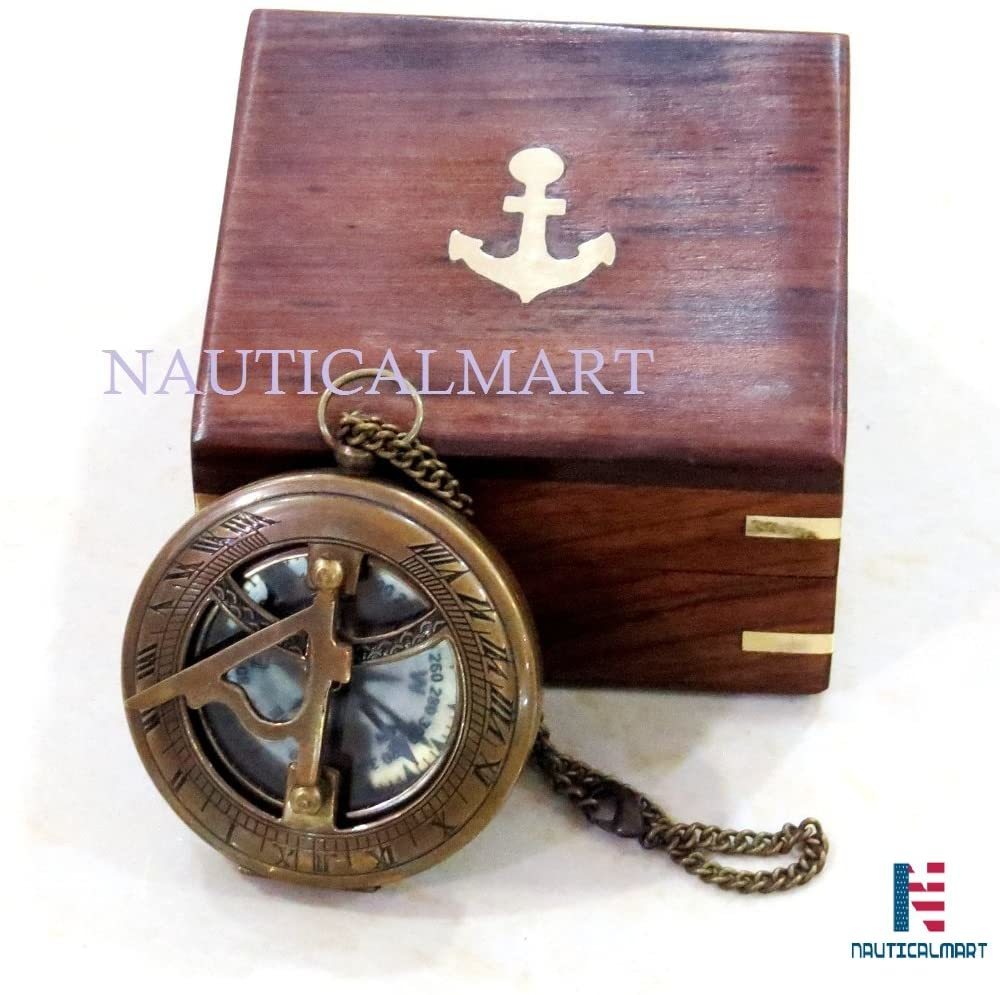 Nauticalmart 3 Push Button Sundial Nautical Brass Compass With Chain/wooden Case