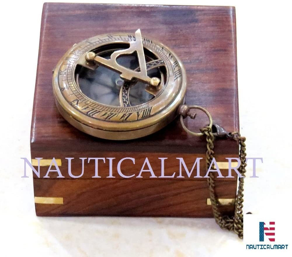 Nauticalmart 3 Push Button Sundial Nautical Brass Compass With Chain/wooden Case