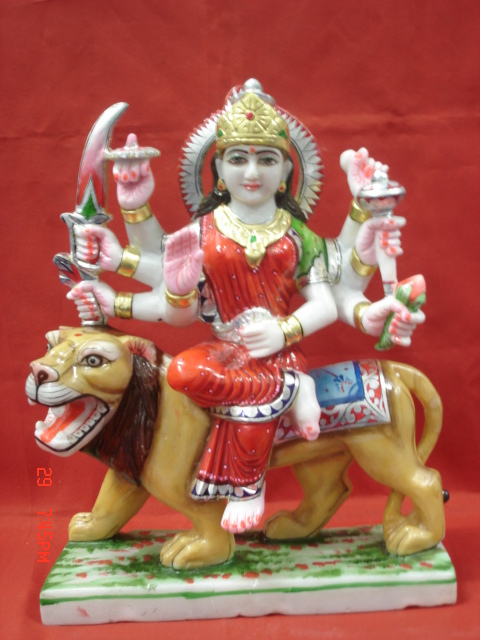 White Marble Lord Durga Statue - 12 Inches Sitting on Lion Pose | Eco-Friendly, Easy to Clean, Rust Proof, Carved Design