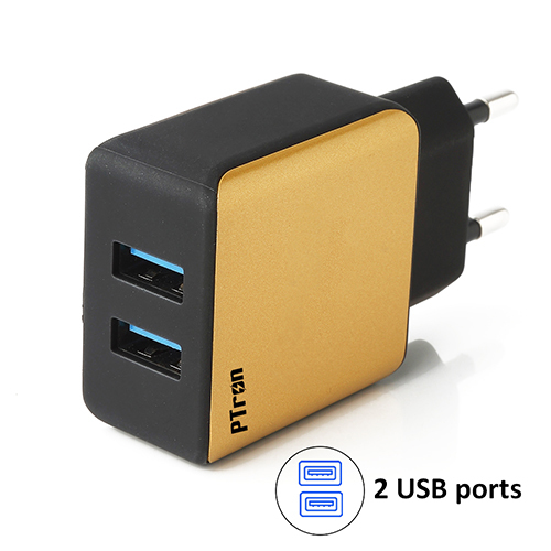 Ptron Electra 2.4a Dual Usb Fast Charging Travel Charger Adapter - Abs Body, Compact Design, Black & Gold | Two Devices Simultaneously, Detachable Micro Usb Cable, Intelligent Circuit Protection