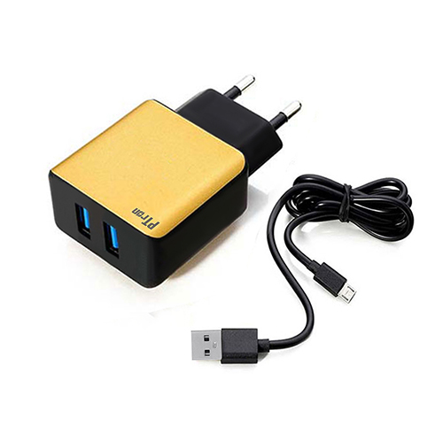 Ptron Electra 2.4a Dual Usb Fast Charging Travel Charger Adapter - Abs Body, Compact Design, Black & Gold | Two Devices Simultaneously, Detachable Micro Usb Cable, Intelligent Circuit Protection