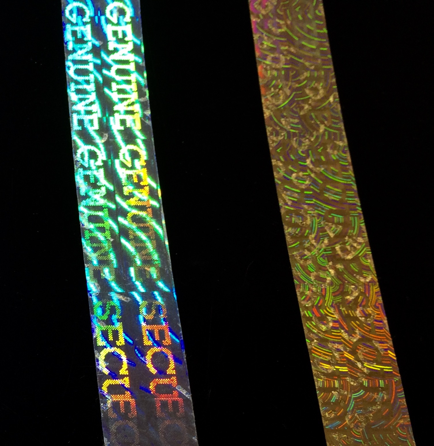 Void Tamper Hologram Tapes - Polyester, 5-25mm X 500m Rolls, Silver-gold-transparent-blue-green-red-pink, Single Side Water Activated Adhesive, Logo Text Designs