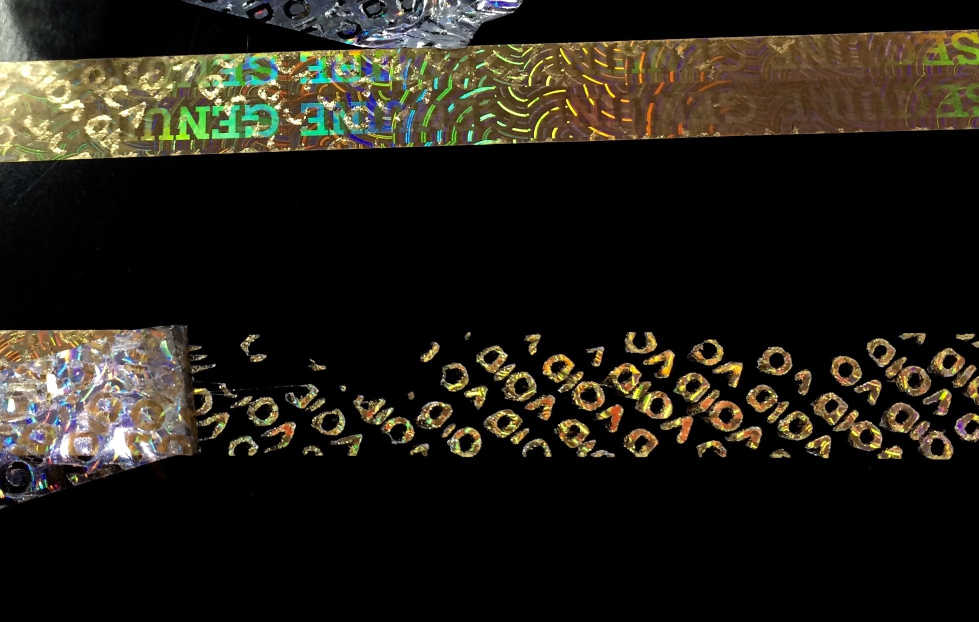 Void Tamper Hologram Tapes - Polyester, 5-25mm X 500m Rolls, Silver-gold-transparent-blue-green-red-pink, Single Side Water Activated Adhesive, Logo Text Designs