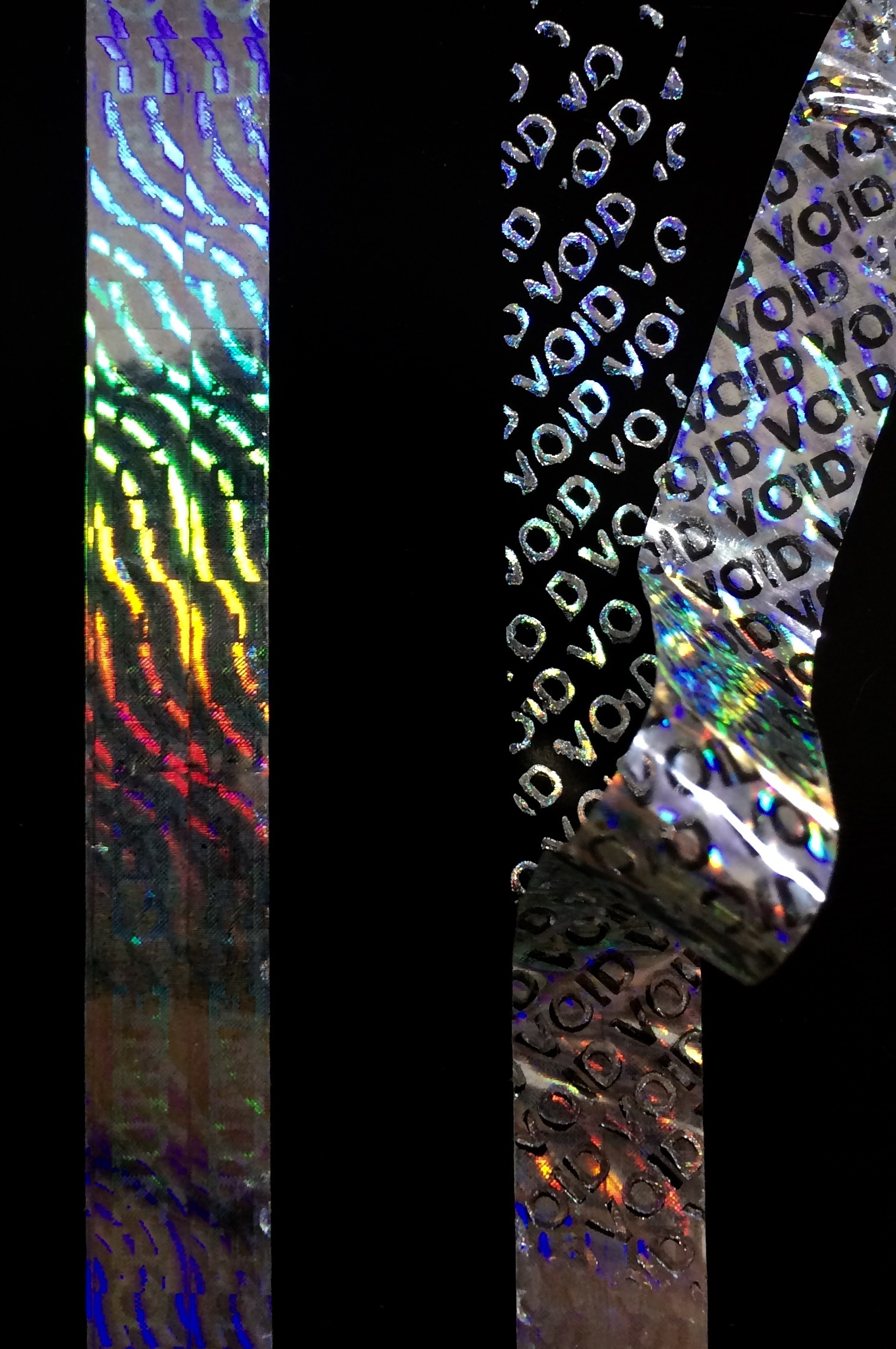 Void Tamper Hologram Tapes - Polyester, 5-25mm X 500m Rolls, Silver-gold-transparent-blue-green-red-pink, Single Side Water Activated Adhesive, Logo Text Designs