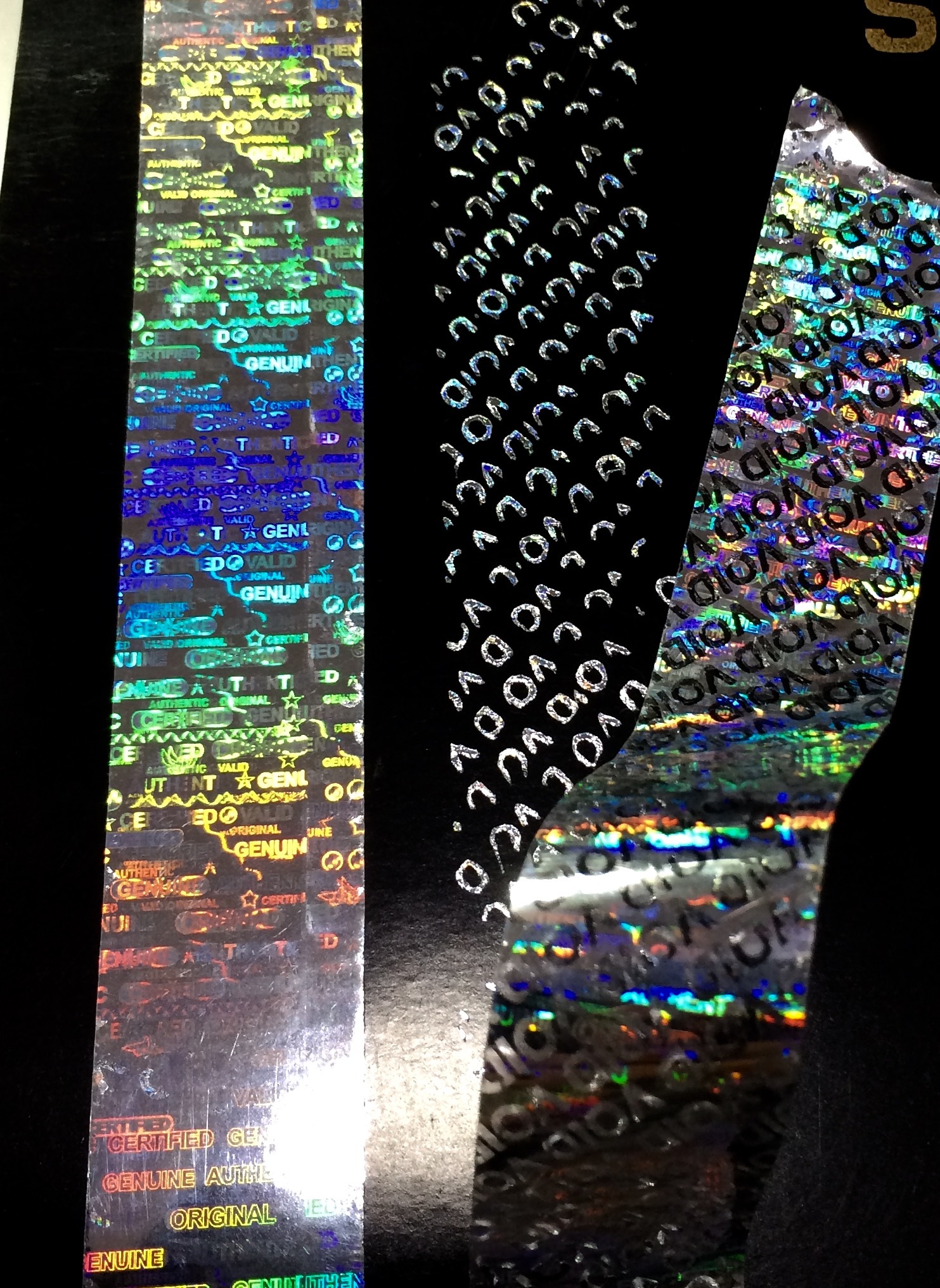 Void Tamper Hologram Tapes - Polyester, 5-25mm X 500m Rolls, Silver-gold-transparent-blue-green-red-pink, Single Side Water Activated Adhesive, Logo Text Designs