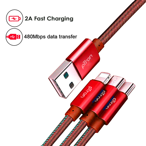 Ptron Indigo 3-in-1 2.0amp 1m Usb Charging Cable For All Smartphones - Metal+copper+abs+denim Fabric, Red, 3 Charging Ports For Simultaneous Device Charging