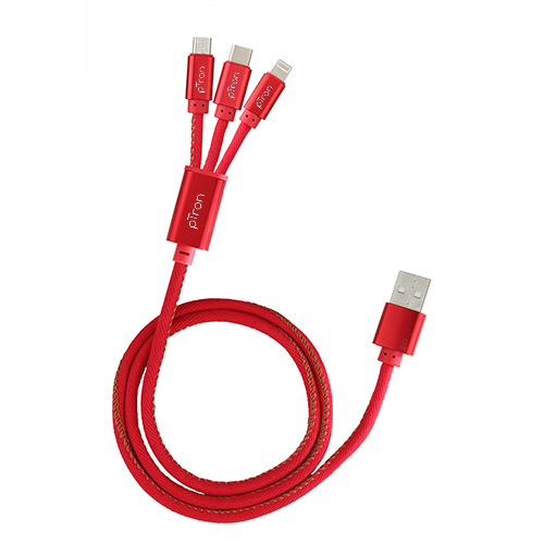 Ptron Indigo 3-in-1 2.0amp 1m Usb Charging Cable For All Smartphones - Metal+copper+abs+denim Fabric, Red, 3 Charging Ports For Simultaneous Device Charging