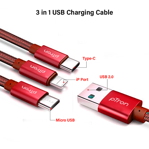 Ptron Indigo 3-in-1 2.0amp 1m Usb Charging Cable For All Smartphones - Metal+copper+abs+denim Fabric, Red, 3 Charging Ports For Simultaneous Device Charging
