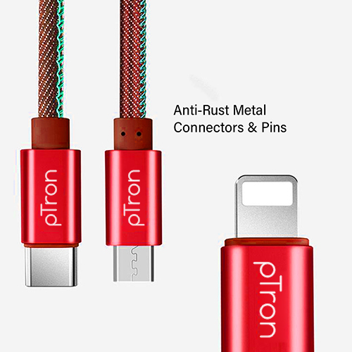 Ptron Indigo 3-in-1 2.0amp 1m Usb Charging Cable For All Smartphones - Metal+copper+abs+denim Fabric, Red, 3 Charging Ports For Simultaneous Device Charging